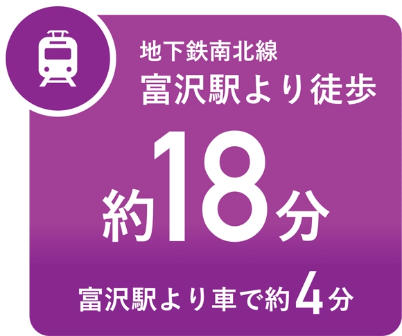 地下鉄南北線、富沢駅より徒歩約18分、富沢駅より車で約4分
